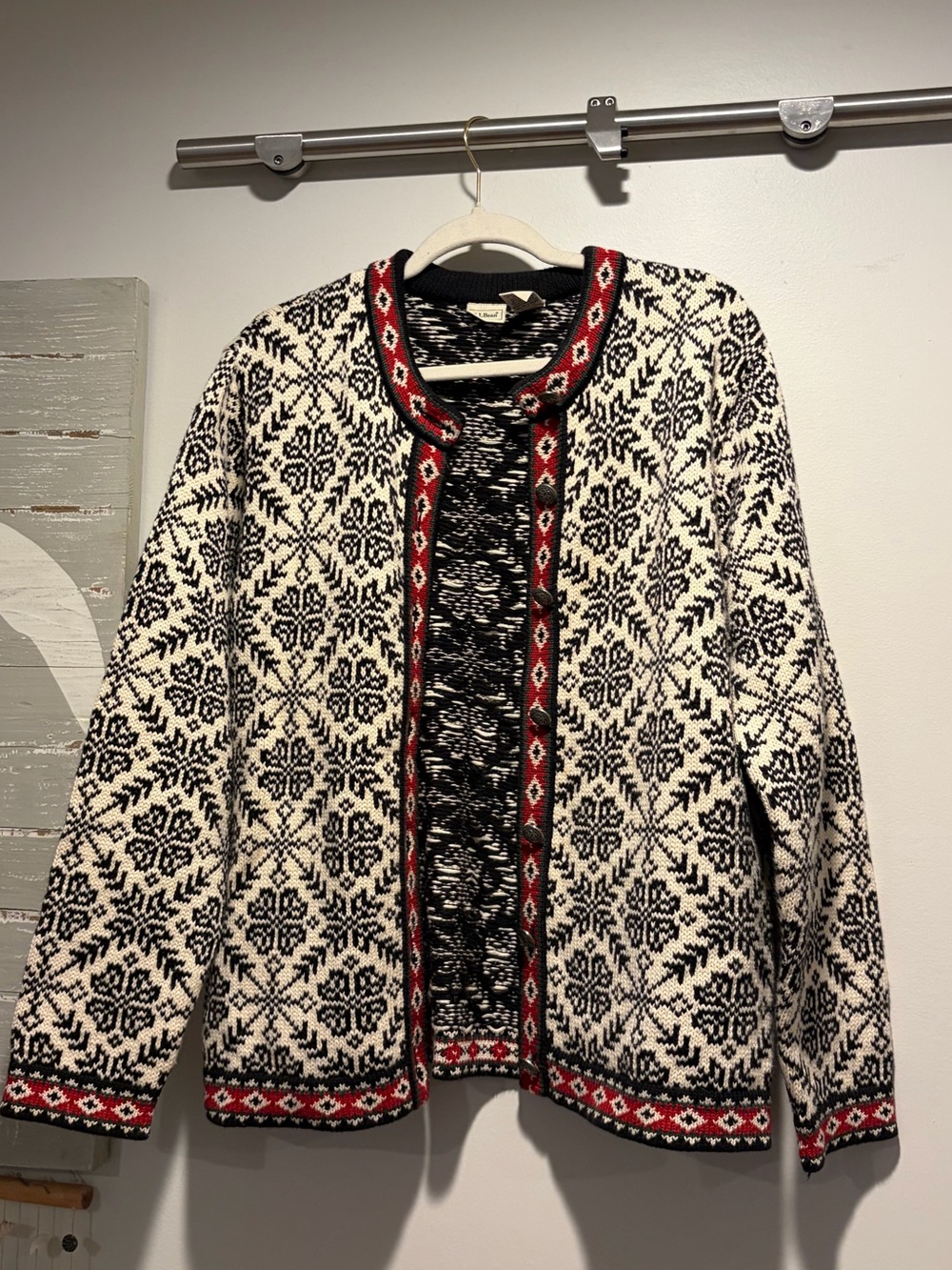 Vintage L.L. Bean Black, White & Red Nordic Cardigan